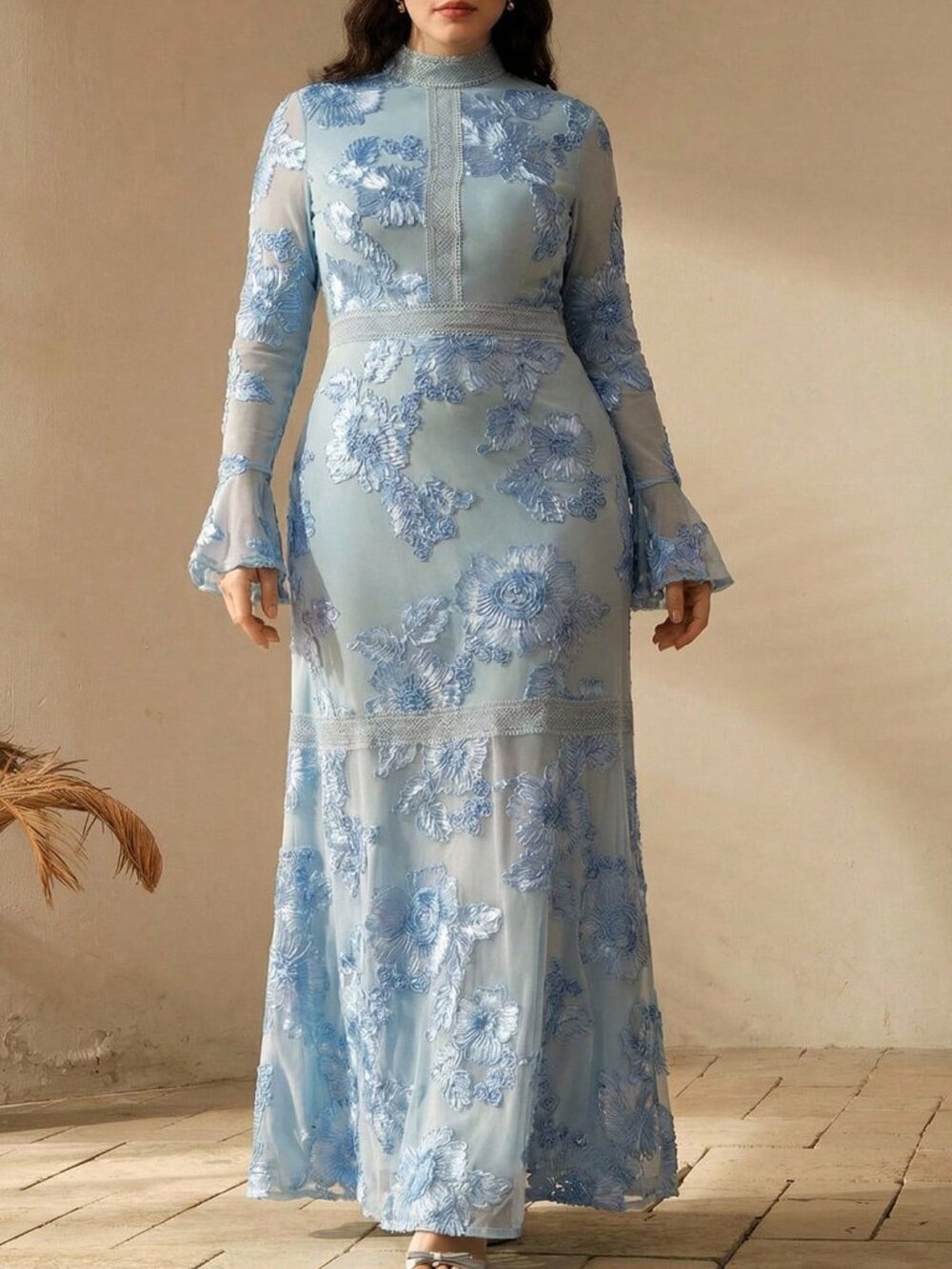 Blue Elegant Women's Flare Sleeve Floral Embroidered Mesh Slim Fit Maxi Dress - Picture 4 of 7